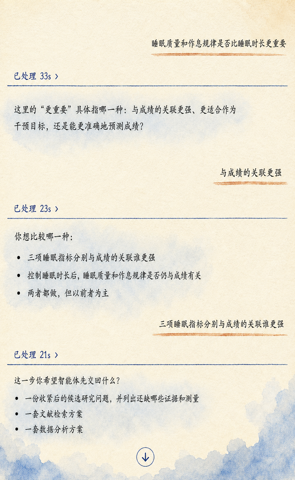 水彩手账风格的 Brainstorming 对话：逐步澄清更重要的含义、比较方式和下一步交付内容